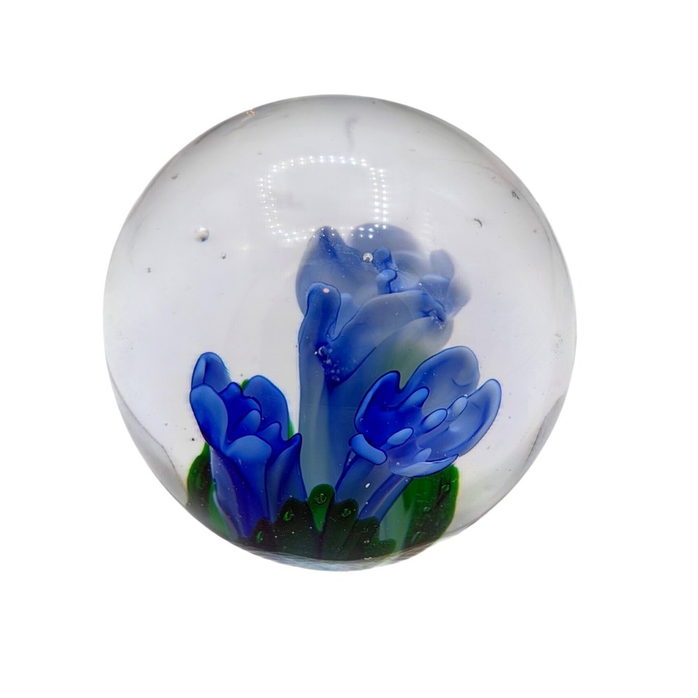 Dynasty Gallery Blue Floral Glass Paperweight Heirloom Collectibles Orb 2.5"